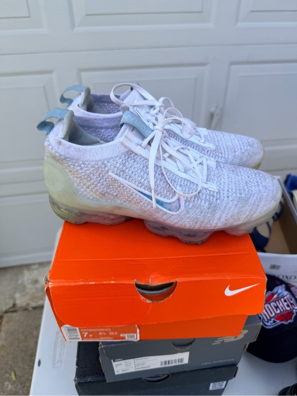 Nike Air VaporMax White and Pale Blue Flyknit Sneakers